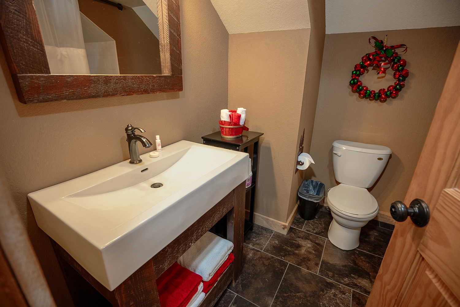The upstairs bathroom in a Loft Cabin at Santa's Cottages.